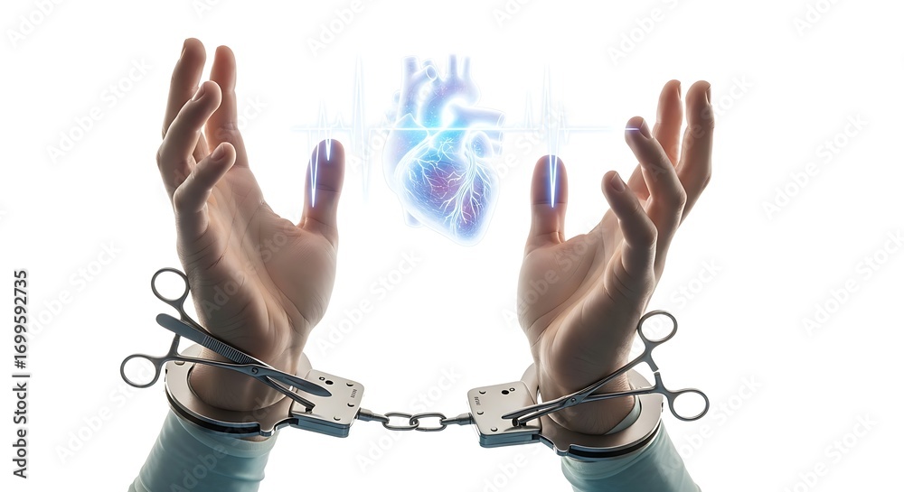 Fototapeta premium Healthcare Professional Hands Cuffed with Surgical Tools, Digital Heart