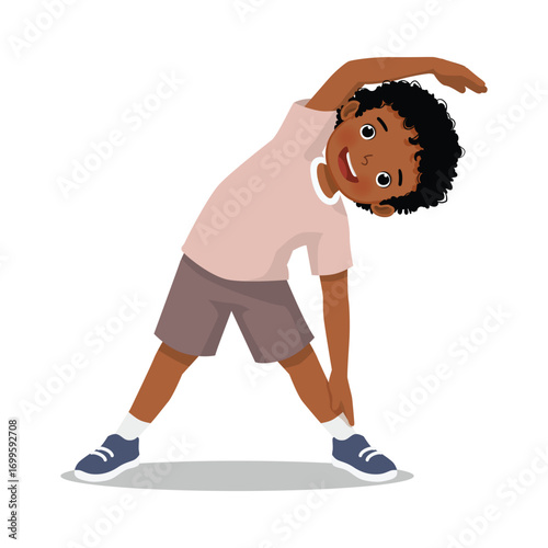 Little African boy doing side bend stretching exercise
