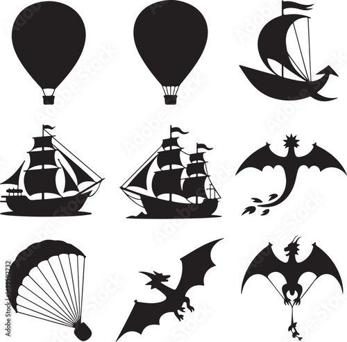 Collection of Silhouetted Hot Air Balloons Ships Dragons and Parachute Keywords: hot air balloon