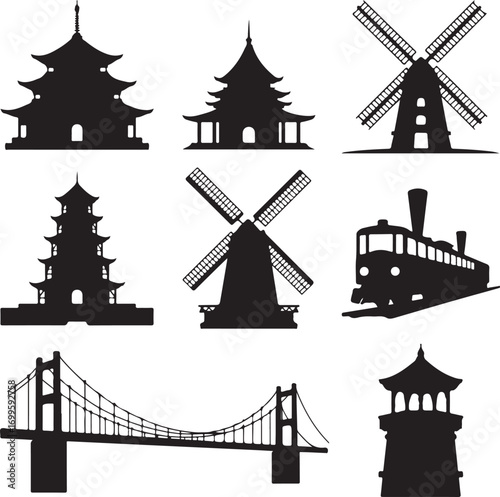 Silhouetted Asian Pagodas Windmills Train and Bridge Keywords: pagoda, temple, building