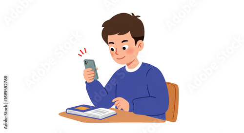 Young man using a smartphone while studying at his desk illustration featuring chatting, cheerful, cellphone,