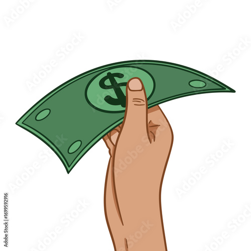 Digital illustration of a hand holding a US dollar bill with green banknote and dollar symbol, cartoon-style concept representing American currency, finance, payment, and wealth