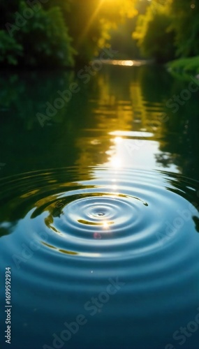 Serene ripples spreading across a calm pond's surface, sunlight reflecting beautifully on the water Perfect for nature, relaxation, and tranquility themes , surface, pond, peaceful