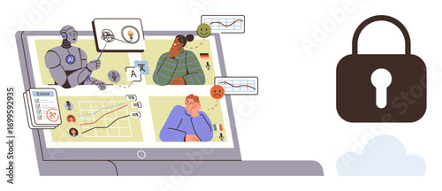 Robot analyzing user data on laptop charts, user emotions, language tools. Lock icon highlights security. Ideal for AI, data privacy, research, user insights security technology ethical tech. A