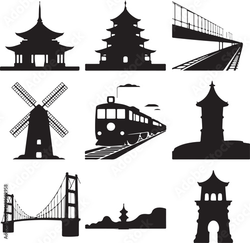 Silhouetted Asian Pagodas Bridge Train and Windmill Keywords: pagoda, temple, building