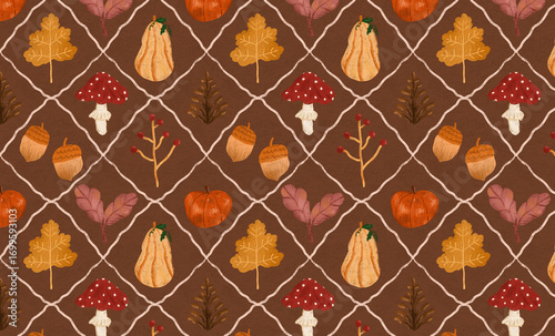 Autumn seamless pattern with pumpkins, leaves, and mushrooms on a dark background.