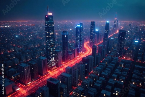 Futuristic cityscape at night, glowing network lines connecting buildings, illustrating seamless, advanced digital connectivity and urban infrastructure integration , communication, architecture