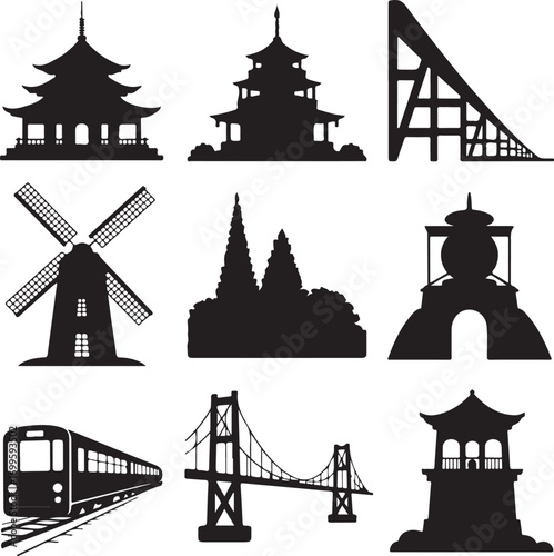 Silhouette collection of Asian pagodas, windmill, train and suspension bridge Keywords: silhouette