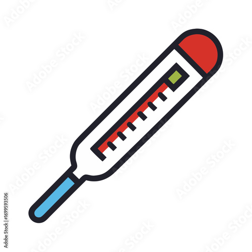 Stylized illustration of a medical thermometer with red and blue accents on a black background