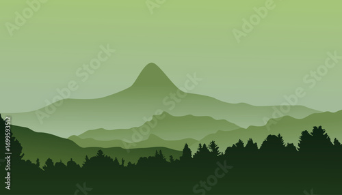 Mountain landscape panorama with forest. Minimalistic flat design in vector. Trendy colors.