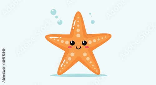 Adorable orange starfish floating happily in the ocean water with bubbles ascending around its cute face