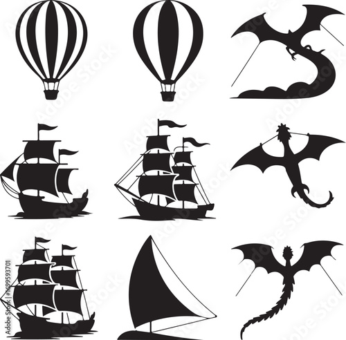 Silhouette collection of hot air balloons, sailing ships, and dragons Keywords: silhouette, hot air