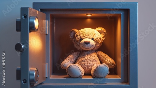 Teddy bear stored in open safe showcasing family treasures with warm lighting