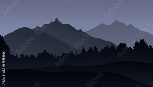 Mountain landscape panorama with forest. Minimalistic flat design in vector. Trendy colors.