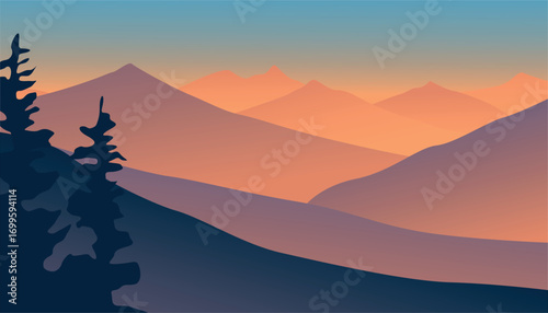 Abstract landscape poster. Modern art print with mountain landscape and nature. Vector illustration.