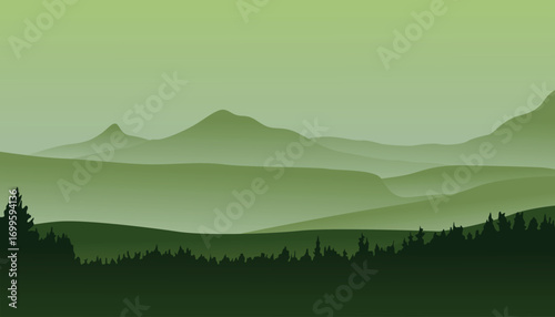 Mountain landscape panorama with forest. Minimalistic flat design in vector. Trendy colors.