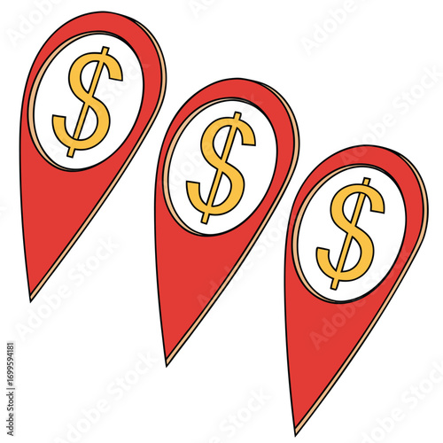 Discover lucrative opportunities with these striking dollar sign map markers, guiding you to financial success and strategic locations.