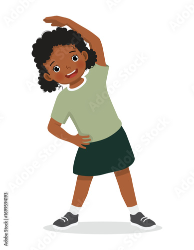 Little African girl doing side bend stretching exercise
