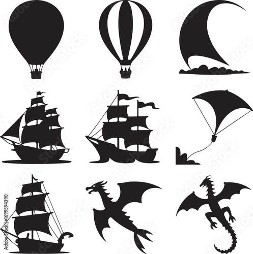 Silhouette Collection of Airships, Ships, and Dragons Keywords: hot air balloon, parachute, sailing