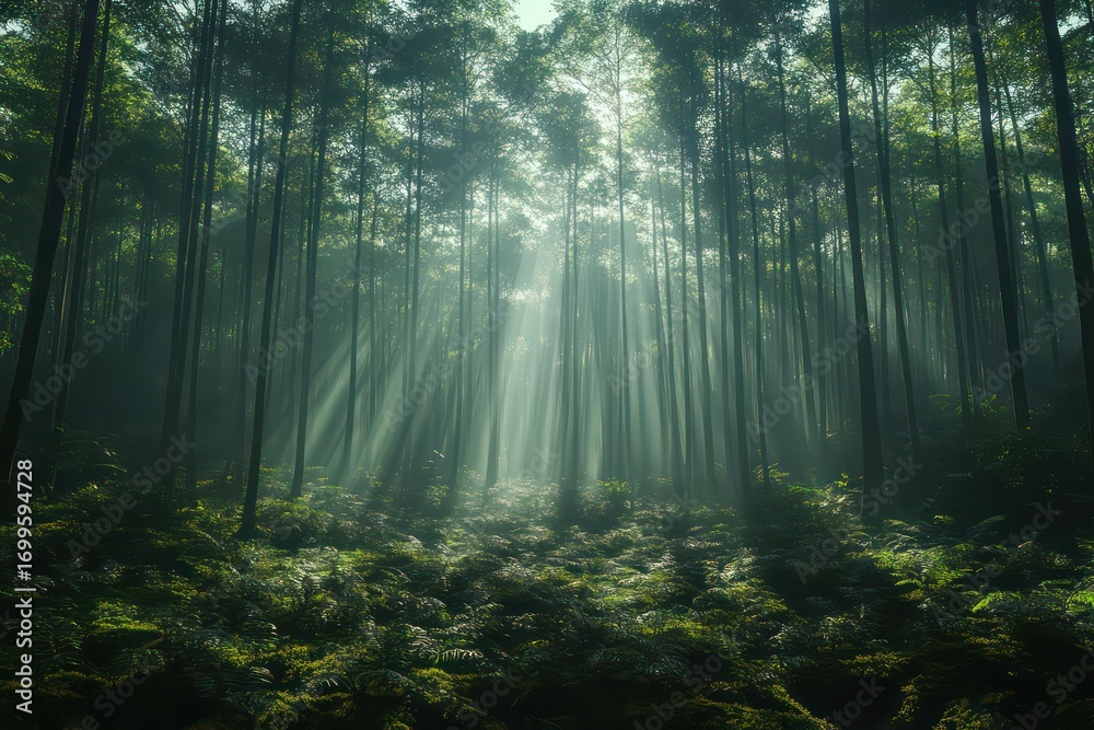 Obraz premium Sunlight filters through dense forest, casting patterns on the floor.