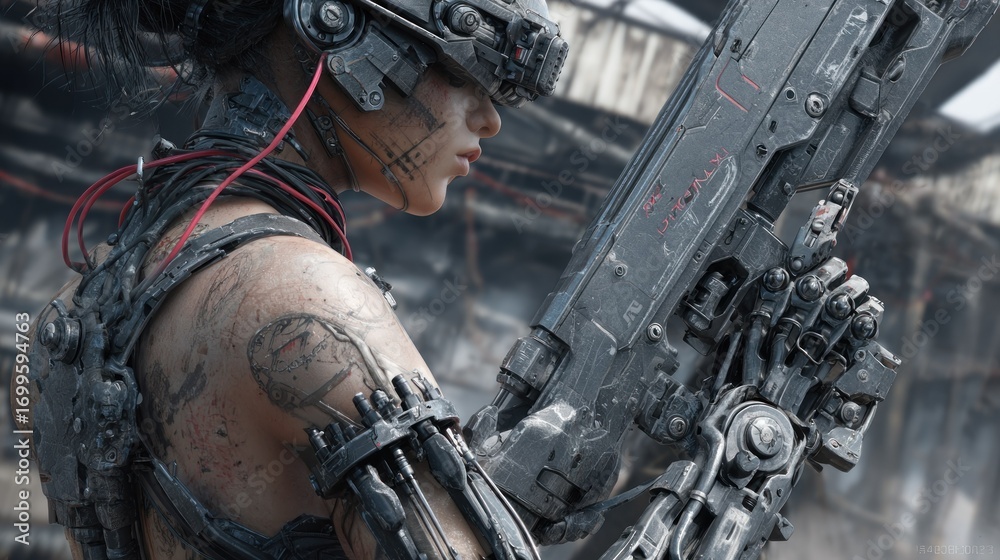 Fototapeta premium Cyberpunk woman with weapon