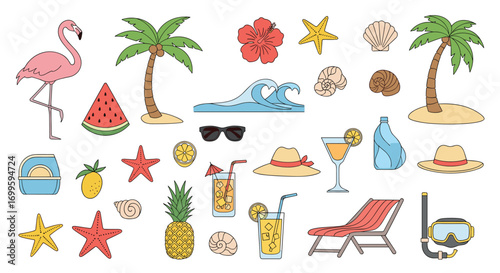 Tropical summer beach vacation holiday icons collection fun elements
