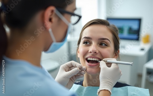 Professional dentist doing women's teeth checkup during the appointment at dentist office. High quality