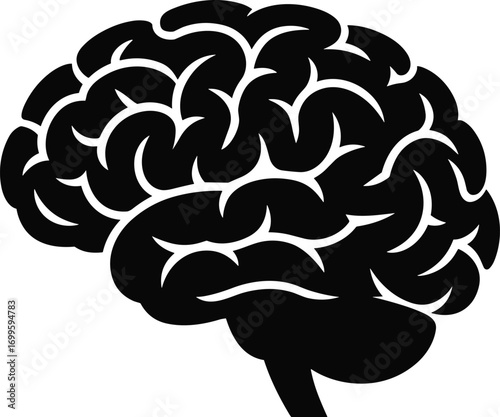 Black silhouette of human brain side view with detailed folds and structure, neuroscience illustration, mental health symbol, cognition concept, isolated on white background