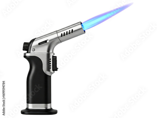 Professional kitchen blowtorch with a burning blue jet flame on a transparent background