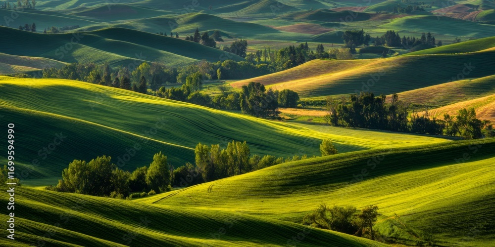 Fototapeta premium Rolling Hills of Agriculture with Lush Green Fields and Warm Earth Tones in a Serene Landscape at Golden Hour Light