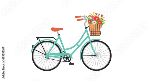 Charming vintage bicycle adorned with a lively basket of colorful flowers perfect for a picturesque scenic ride