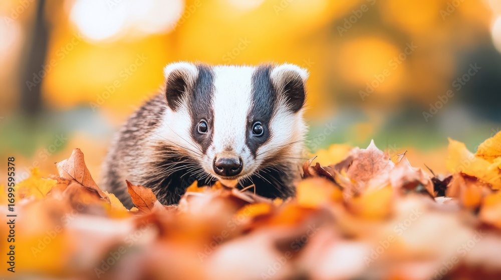 Fototapeta premium Curious Badger Portrait Amidst Golden Autumn Leaves, Striking Black and White Markings