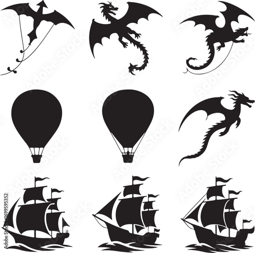 Silhouette collection of dragons hot air balloons and sailing ships Keywords: dragon, silhouette