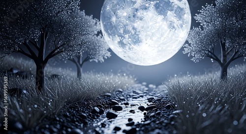 Enigmatic luminous moonscape with tranquil river and frosted trees