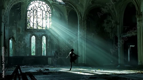 A graceful dancer leaps within the decaying grandeur of an abandoned church, bathed in sunlight.