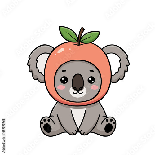 Illustration of a cute animal wearing a peach colored fruit costume. The animal is sitting and looking directly at the viewer. The style is pixel art, giving it a slightly retro feel. The background