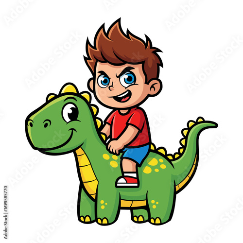 A child, dressed in vibrant clothing, is depicted joyfully riding a friendly dinosaur. The dinosaur features a playful expression. The backdrop is a solid black color. The style is illustrated and
