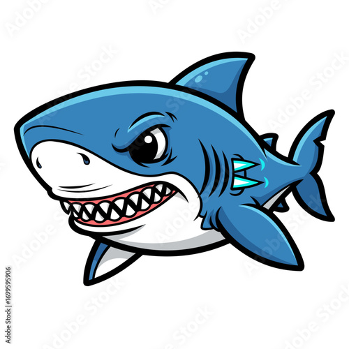 A cartoon illustration of a ferocious blue shark with sharp teeth and a fierce expression. The shark is depicted in a pixelated style against a black background. The artwork is vibrant and playful