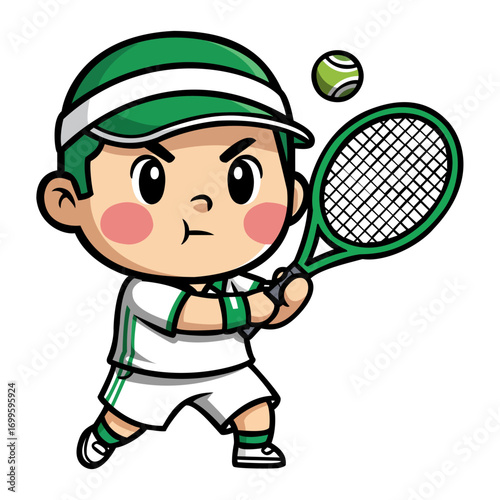 Illustration of a determined cartoon child tennis player, wearing a green visor and white outfit, intensely focused on hitting a tennis ball. The style is vibrant and playful, with bold outlines and