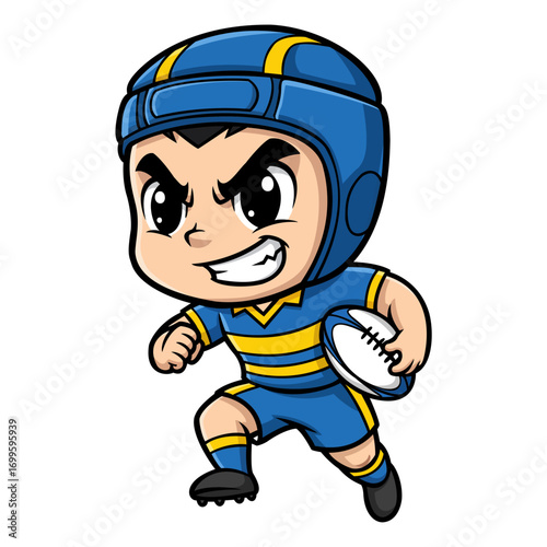 Illustration of a determined cartoon rugby player in a blue and yellow uniform, running with the ball. The style is playful and energetic, with large eyes and a determined expression. The background