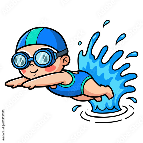 A child in a blue swim cap and goggles dives into a pool, creating splashes of vibrant blue water. The illustration style is playful and lively