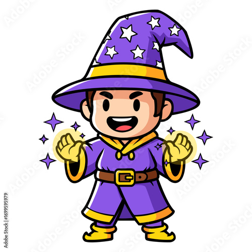 Pixel art illustration of a smiling cartoon wizard wearing a purple robe and hat, casting a spell with glowing hands against a dark background. The style is reminiscent of retro video games. The
