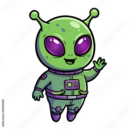 Pixel art illustration of a cute, friendly alien wearing a purple spacesuit and waving. The alien has large purple eyes and a cheerful expression. The background is dark