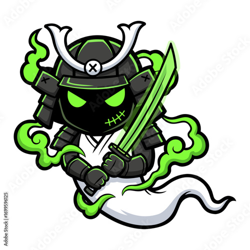 Pixel art illustration of a spectral warrior, depicted in shades of black, green, and white. The warrior is wearing traditional armor and wielding a glowing green blade. The background features