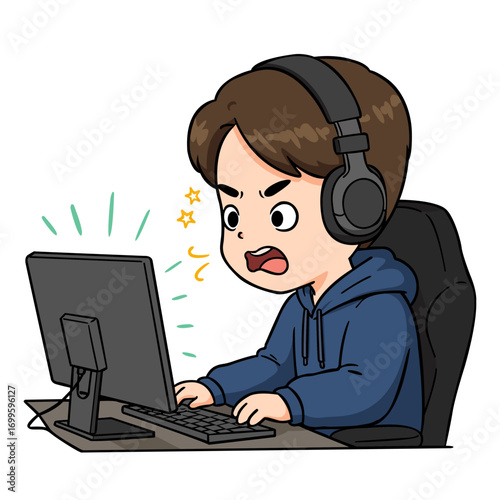 Pixel art illustration of a young person wearing headphones, intensely focused on a computer screen. They have a frustrated expression and are shown in a dark room. The overall style is cartoonish