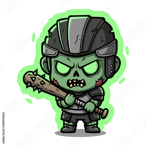 Pixel art illustration of a green skinned monster cartoon character wearing a helmet and armor, holding a spiked baseball bat. The monster has glowing eyes and a menacing expression. The background
