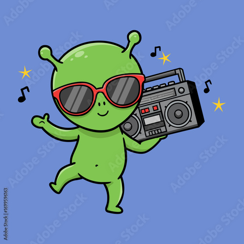 Pixel art illustration of a cheerful green alien wearing sunglasses, dancing and carrying a vintage music player against a light blue backdrop. The scene is lively and vibrant with added musical