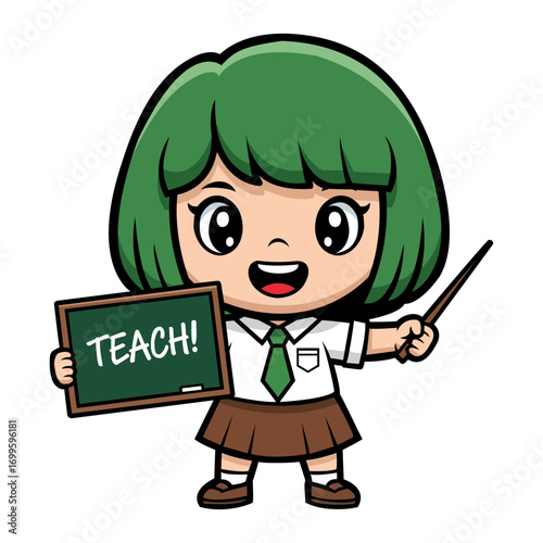 Image of a happy cartoon girl dressed in school attire holding a chalkboard that says TEACH and a pointer. The style is pixel art and the background is transparent