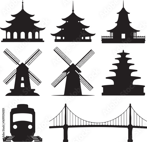 Asian Pagodas Windmills and Suspension Bridge Silhouettes temple architecture