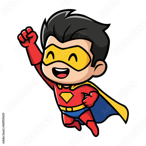 A pixelated illustration of a small superhero, depicted with vibrant colours, and a triumphant pose against a dark background. The character has a cheerful expression, conveying a lighthearted mood
